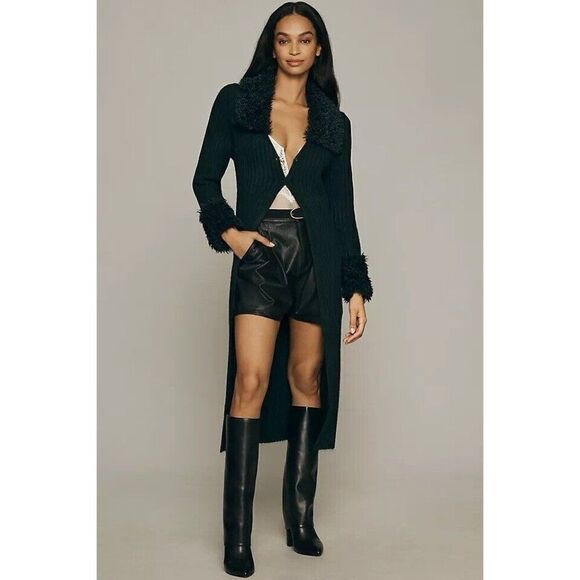 NWT ANTHROPOLOGIE FLAT WHITE FAUX FUR TRIM CARDIGAN SWEATER MAXI DUSTER BLACK OS - Picture 1 of 5